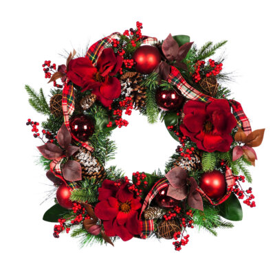 Wreath with Plaid Ribbon, Red Ornaments, Berries, and Pinecone, LED, 24