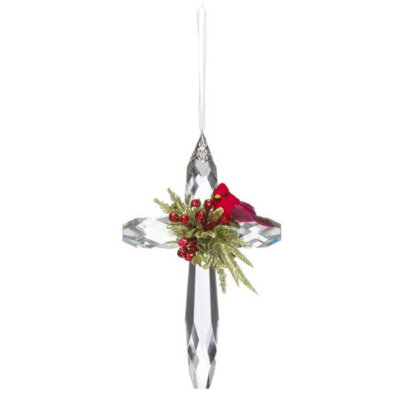 Mistletoe Cardinal Cross Ornament