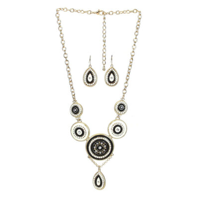 Bib Necklace & Earring Set - Black/Beige