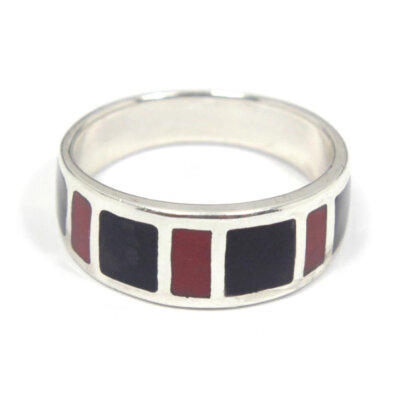 Sterling Silver Onyx & Coral Ring Size 8.5