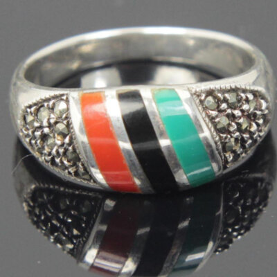 Sterling Silver Multi Color Cabochon Ring Size 8.5