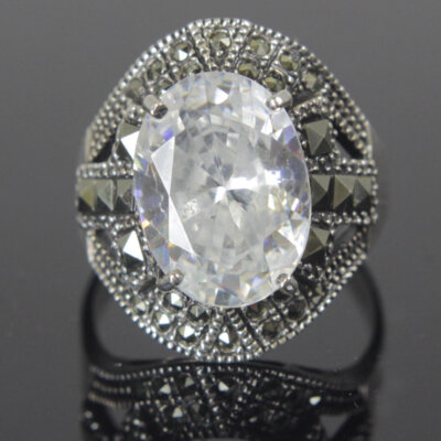 Sterling Silver Diamond CZ Marcasite Ring Size 9