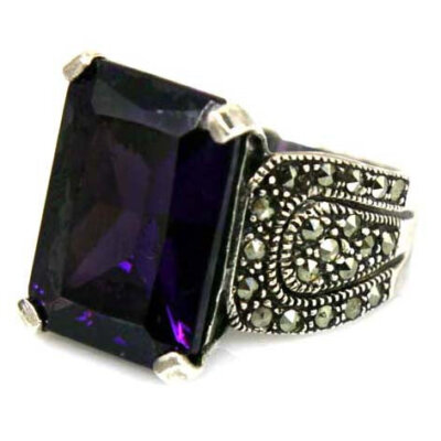 Sterling Silver Amethyst Marcasite Ring Size 8.5
