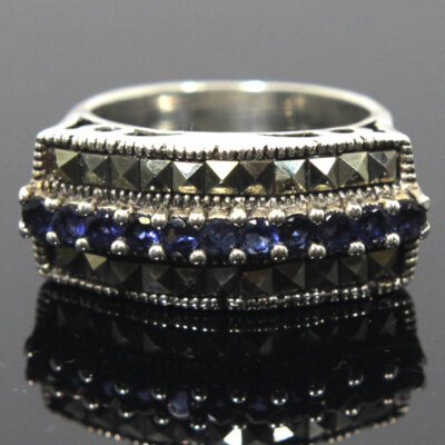 Sterling Silver Sapphire Zirconia Marcasite Ring Size 8