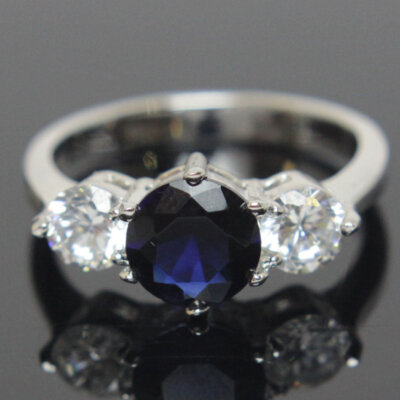 Sterling Silver Sapphire Diamond CZ Ring Size 6