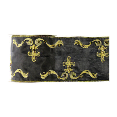Fleur De Lis Embroidered Black Ribbon