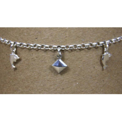Sterling Silver Squares & Dolphins Ankle Bracelet 10"