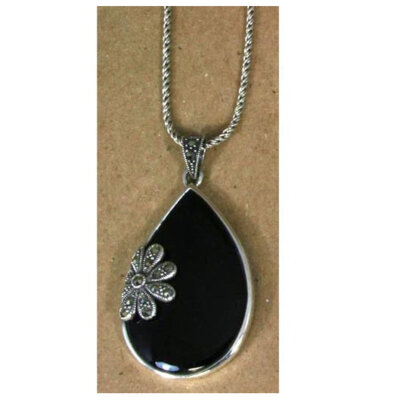 Sterling Silver Onyx Teardrop Marcasite Pendant