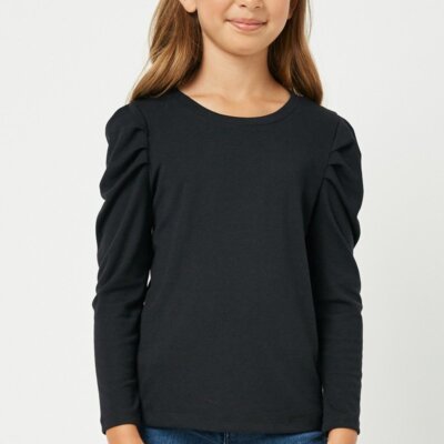 Black Pleated Puff Shoulder Knit Top