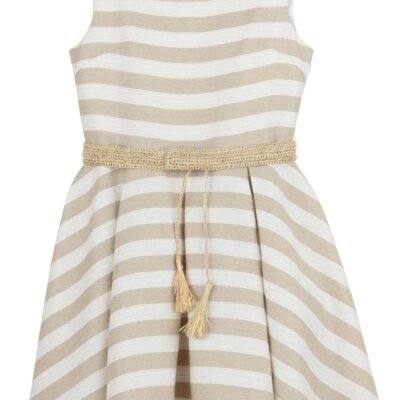 Beige Stripe Belted Dress