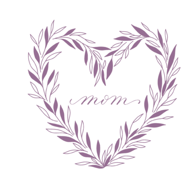 Purple Heart mother's day card Purple "Mom" Mother's day card. Artwork features purple wreath with "mom" in the center in calligraphy