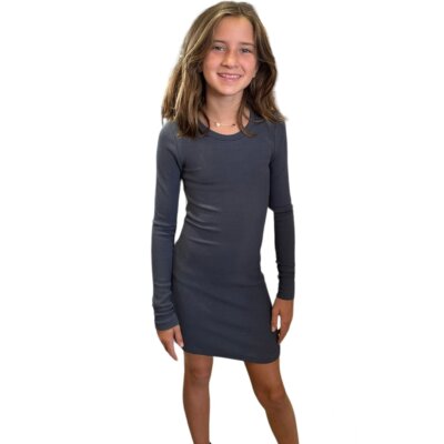 Blue Cotton Ribbed L/S Dress