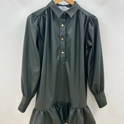 Never A Wallflower Everything Long Sleeve Dress Olive Faux Leather