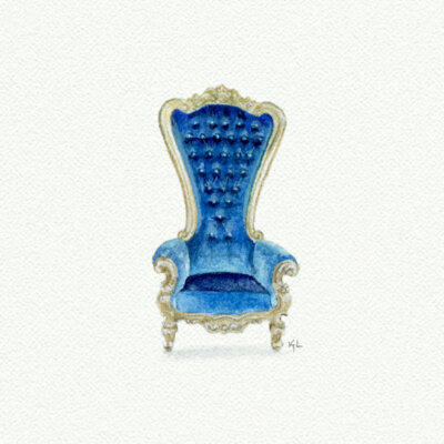 Blue Ornate Chair Miniature watercolor reproduction by Karen Libecap