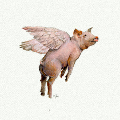 Flying Pig Miniature watercolor reproduction by Karen Libecap