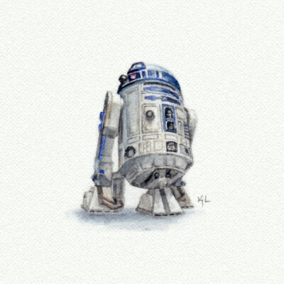 R2D2 Starwars Droid miniature watercolor reproduction by Karen Libecap