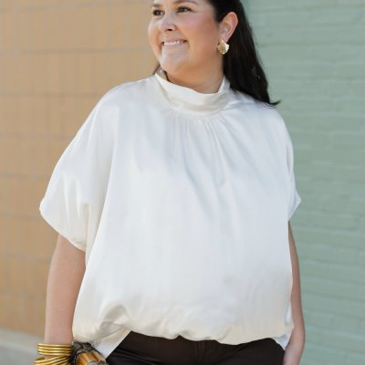 London Ivory High Tie Neck Bubble Hem Top (S-3XL)
