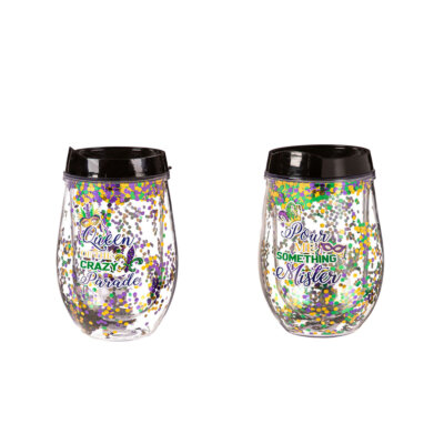 Mardi Gras Glitter Acrylic Stemless Tumbler, 12oz,