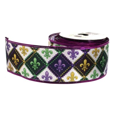 Mardi Gras Criss Cross Fleur De Lis Ribbon 2.5"x10yd