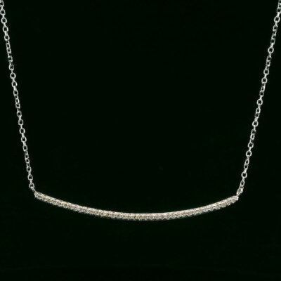 14K White Gold Curved Diamond Bar Necklace