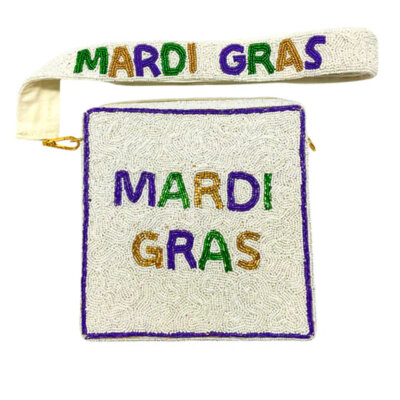 White Mardi Gras Square Purse with Beaded Strap