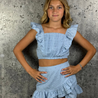 Blue Textured Faux Wrap Skirt