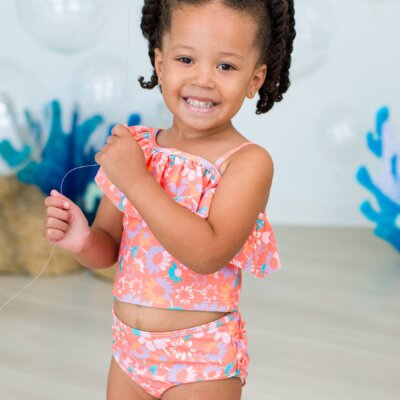 Girls Coral Floral Ruffle Tankini