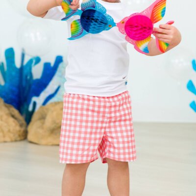 Coral Gingham Swim Trunks