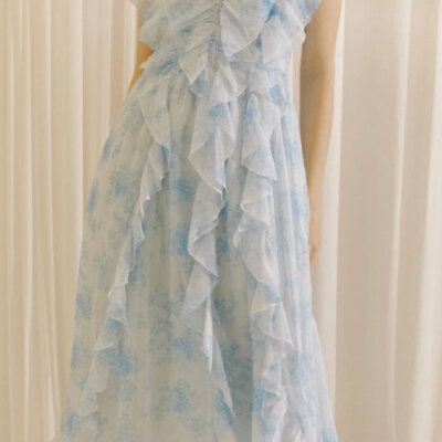 Skye Blue Floral Ruffled  MIdi