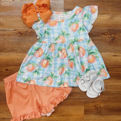 Girls Blue Plaid Peach Set