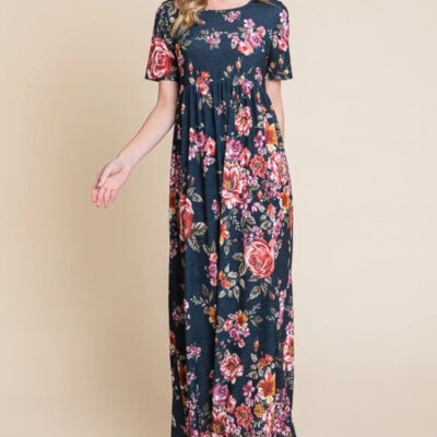 BOMBOM Floral Short Sleeve Maxi Dress