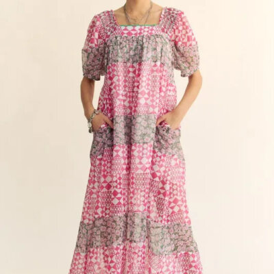 Davi & Dani Multi Floral Square Neck Puff Sleeve Maxi Dress