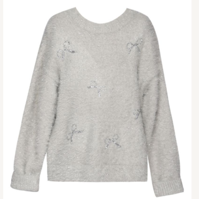 Grey Fuzzy Sweater w/Seq Bows