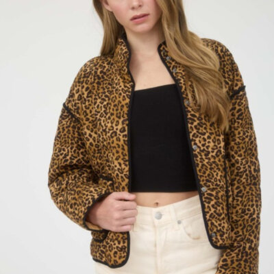 Mock Neck Leo Print Puffer Quilted Jacket