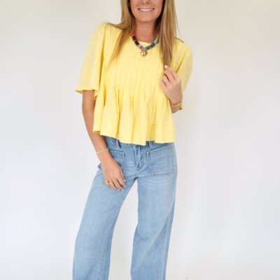 Yellow Pleated Flutter Sleeve Top