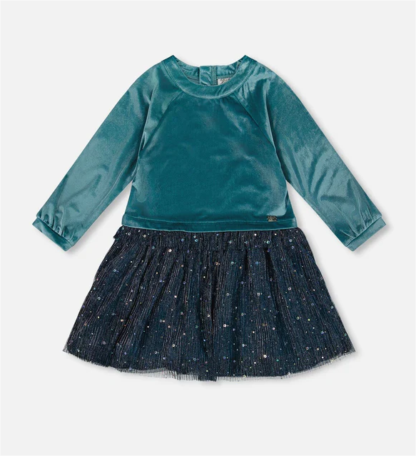 Long Sleeve Bi-Material Velvet And Pleated Mesh Dress Teal Blue - 8 - Deux par Deux