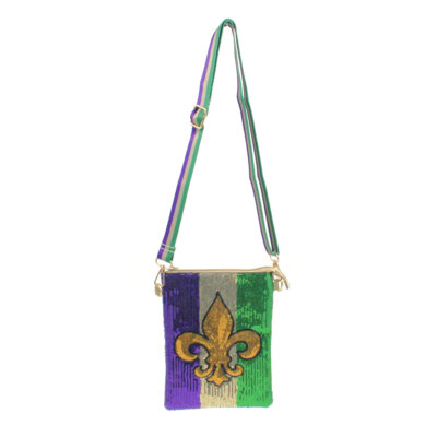 Festive Fleur de Lis Mardi Gras Sequin Crossbody Bag