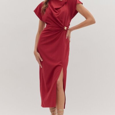 Draped Neckline Side Ring Midi Dress