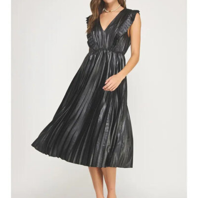 Sleeveless Pleated Satin Midi Dress