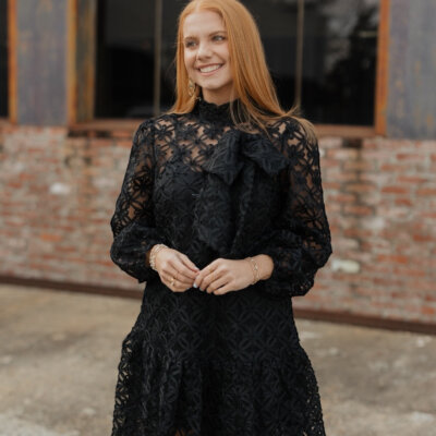 Jasmine Black Organza Long Sleeve Bow Dress