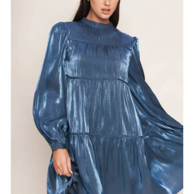 Woven Babydoll Mini Dress-Blue