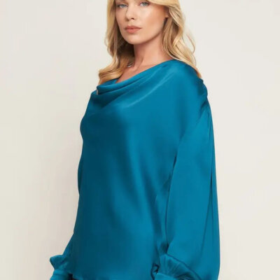 Solid Woven Satin Top-Teal