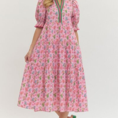 Pink Floral Puff Slv. Middi with Contrast Trim
