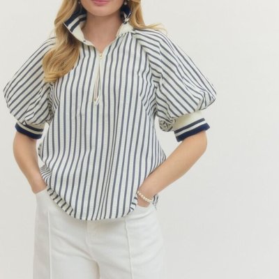 Navy Striped Puff Sleeve Half Zip Top Curvy