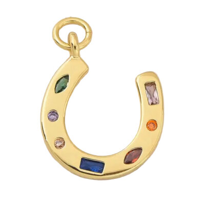 Gold Horseshoe Charm with Rainbow Gemstone