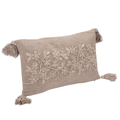 Taupe Floral Embroidered Lumbar Pillow