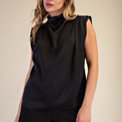 Cowl Neck Sleeveless Top-Black