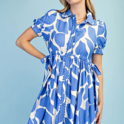 Abstract Button Front Dress- Blue