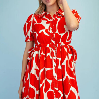 Abstract Button Front Dress- Red