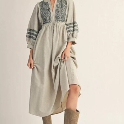 Embroidered Stripe Midi Dress-Cream